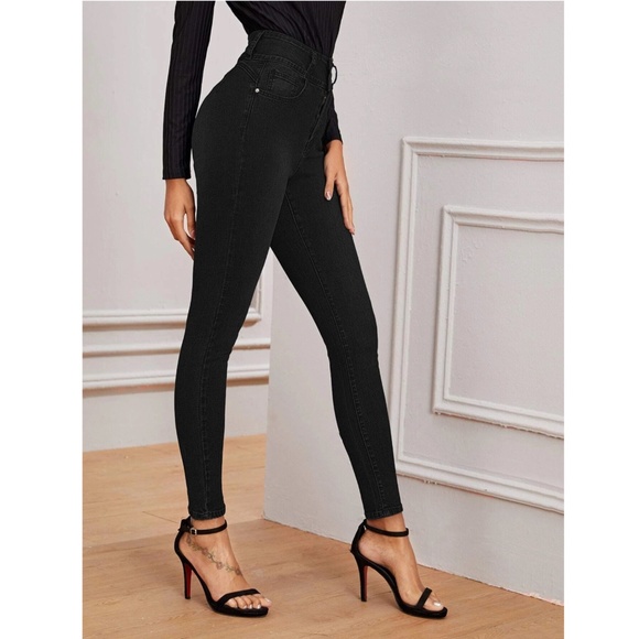 High Stretch Black Skinny Jeans  Buttons  Zipper Fly Pockets - Picture 1 of 6